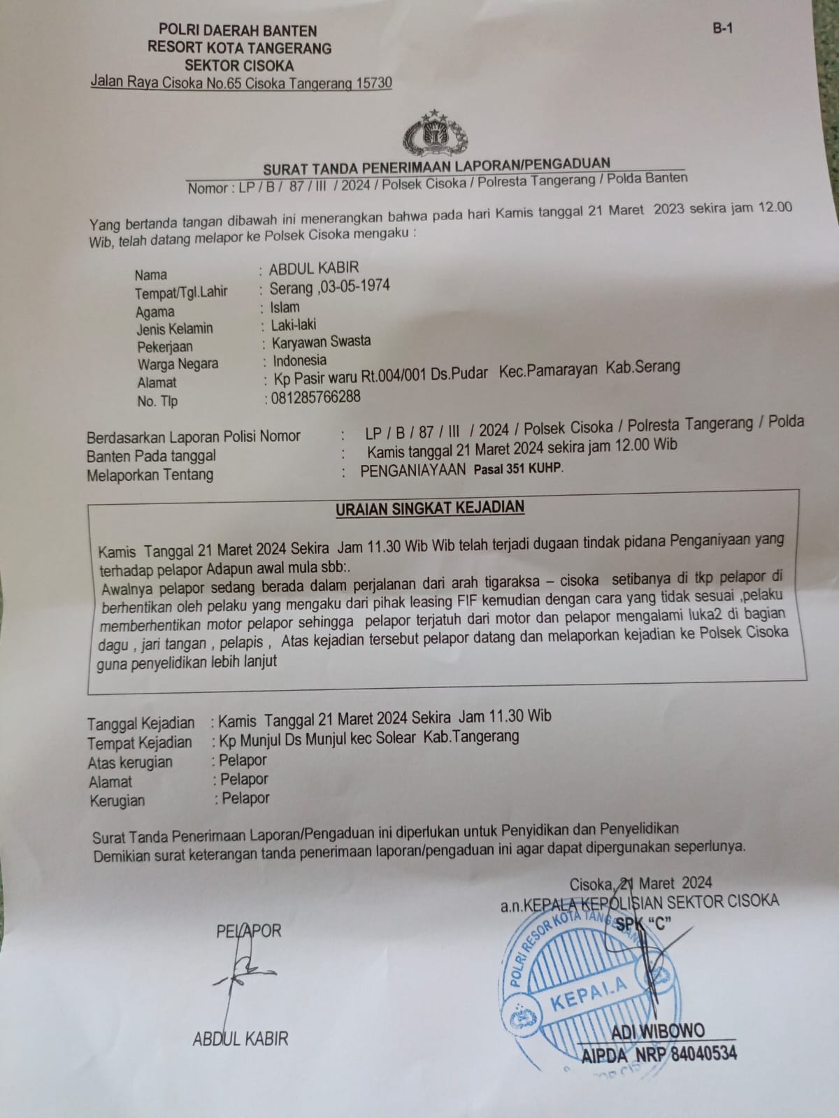 Oknum Debt Colector Suruhan FIF di Polisikan Diduga Aniaya Wartawan 1 IMG 20240322 WA0001